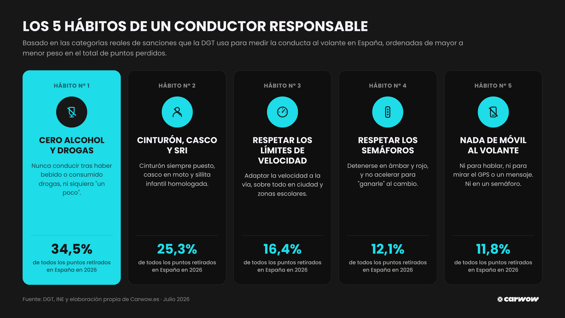 Los cinco hábitos de un conductor responsable según el peso de cada tipo de sanción en los puntos retirados en España: alcohol y drogas 34,5 %, cinturón y casco 25,3 %, velocidad 16,4 %, semáforos 12,1 % y móvil 11,8 %