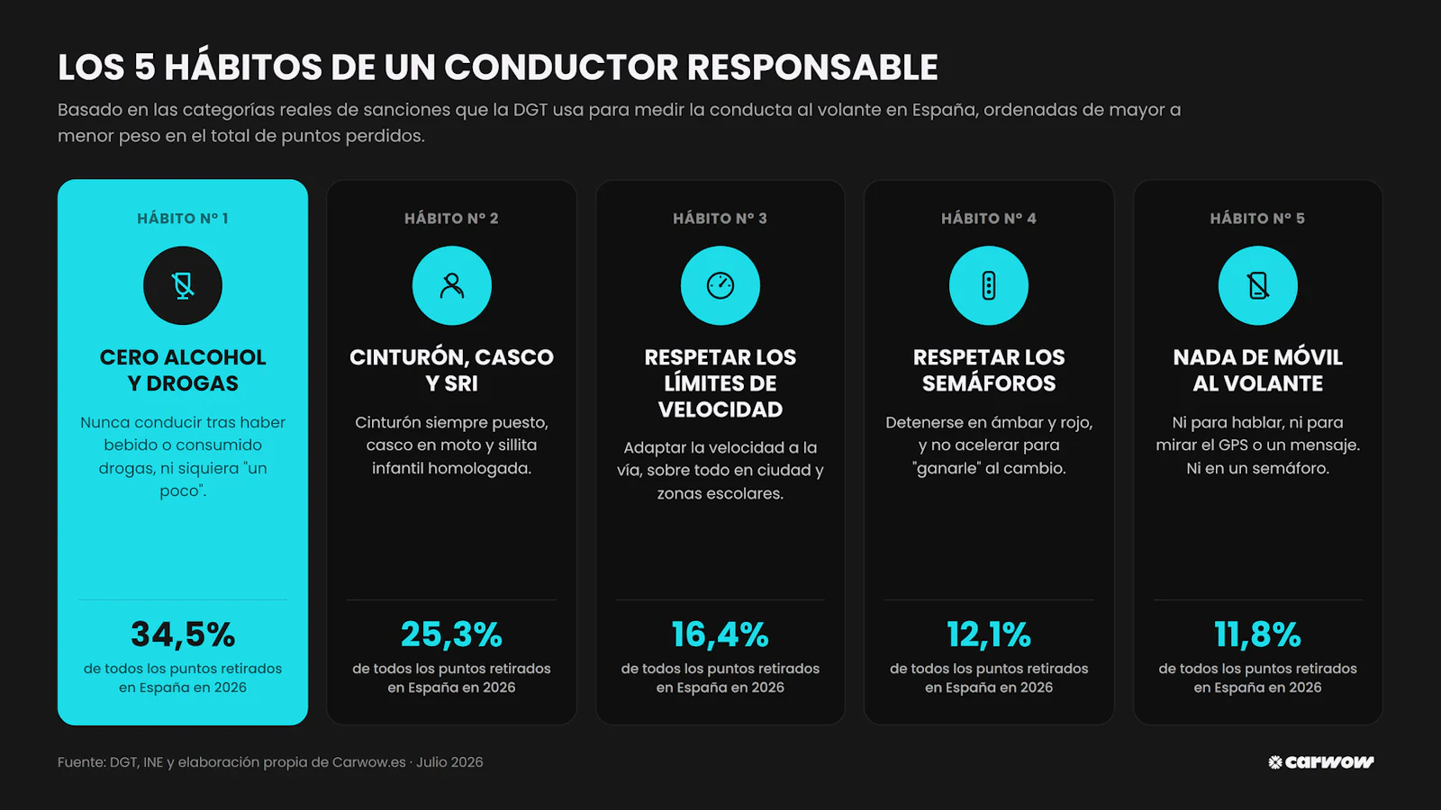 Los cinco hábitos de un conductor responsable según el peso de cada tipo de sanción en los puntos retirados en España: alcohol y drogas 34,5 %, cinturón y casco 25,3 %, velocidad 16,4 %, semáforos 12,1 % y móvil 11,8 %